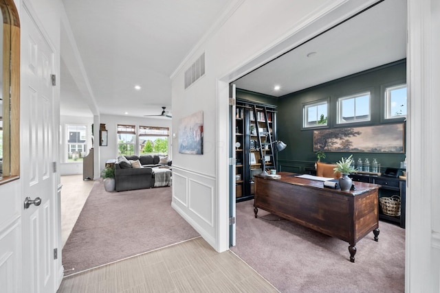 8318 Fig Grove Way, Plain City, OH 43064 - carpeted office with plenty of natural light, ceiling fan, a decorative wall, recessed lighting, and a wainscoted wall
