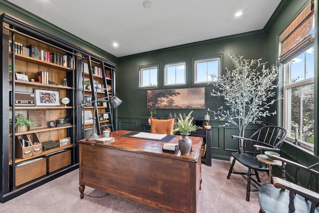 8318 Fig Grove Way, Plain City, OH 43064 - carpeted office featuring ornamental molding, a decorative wall, plenty of natural light, and wainscoting