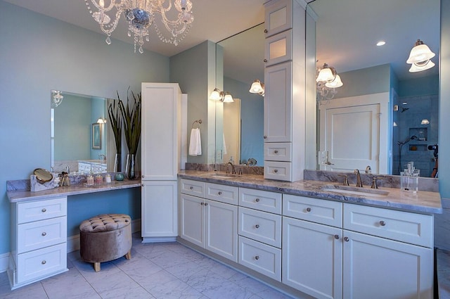 717 S 3rd St, Columbus, OH 43206 - full bathroom with double vanity, a tile shower, a chandelier, and marble finish flooring