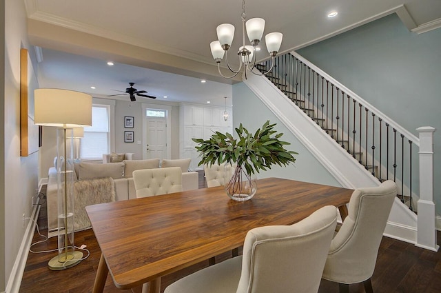 717 S 3rd St, Columbus, OH 43206 - dining room with stairs, dark wood-style flooring, recessed lighting, a chandelier, and a ceiling fan