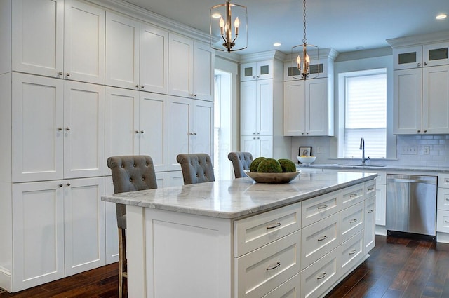 717 S 3rd St, Columbus, OH 43206 - kitchen with dishwasher, dark wood-style flooring, white cabinetry, a center island, and glass insert cabinets