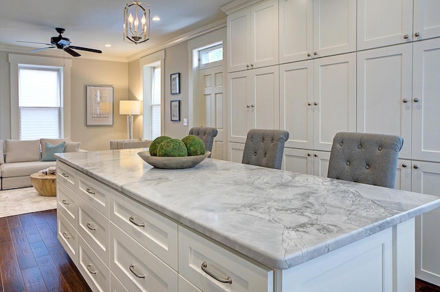 717 S 3rd St, Columbus, OH 43206 - kitchen with ornamental molding, open floor plan, dark wood finished floors, white cabinetry, and a center island