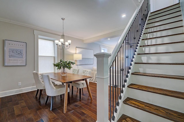 717 S 3rd St, Columbus, OH 43206 - dining room featuring stairs, crown molding, dark wood-style floors, a chandelier, and recessed lighting