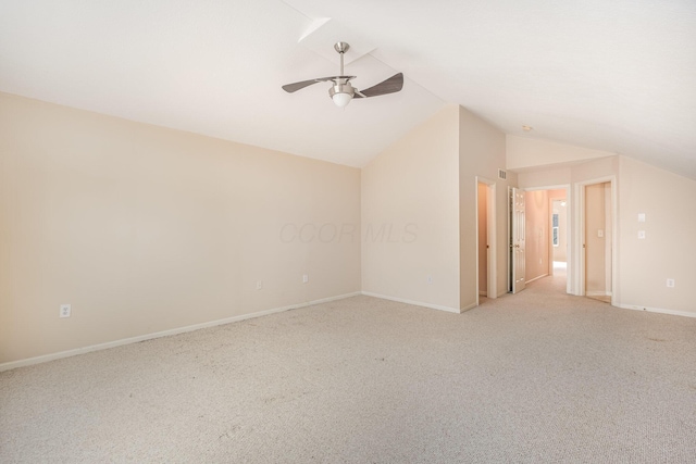 5145 Vinings Blvd Unit B, Dublin, OH 43016 - empty room with ceiling fan, lofted ceiling, light colored carpet, and baseboards