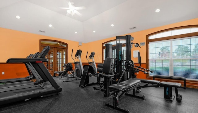 5145 Vinings Blvd Unit B, Dublin, OH 43016 - exercise room featuring recessed lighting, french doors, a ceiling fan, and vaulted ceiling