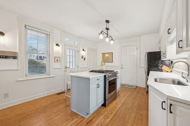 436 Beck St, Columbus, OH 43206 - kitchen with high end stove, a sink, light wood finished floors, and light countertops