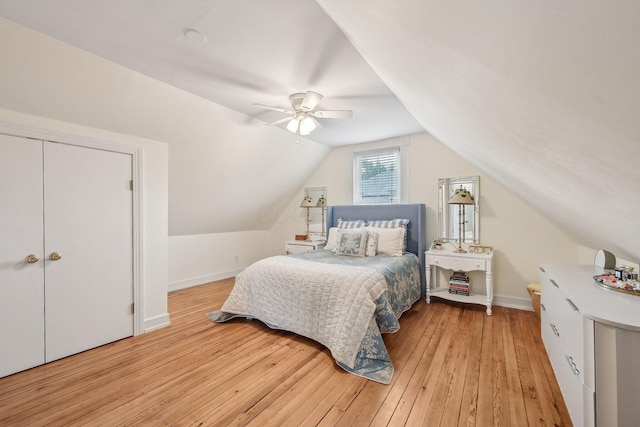 436 Beck St, Columbus, OH 43206 - bedroom with light wood-style floors, vaulted ceiling, baseboards, and ceiling fan