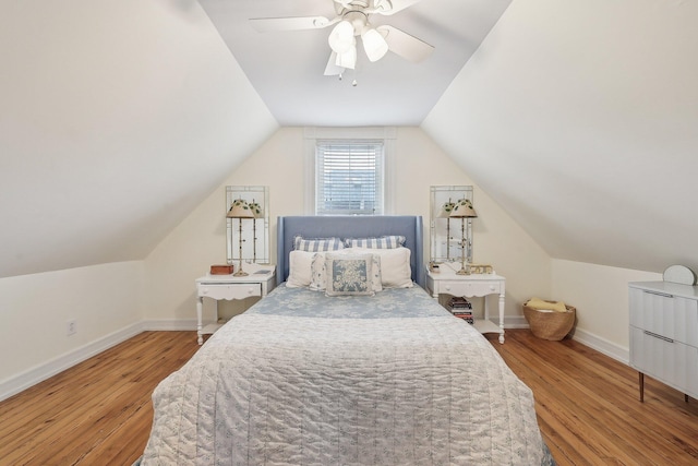 436 Beck St, Columbus, OH 43206 - bedroom featuring wood finished floors, vaulted ceiling, baseboards, and ceiling fan