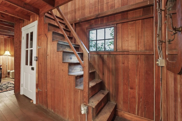 3381/2 16th St, Lancaster, OH 43130 - stairs featuring wood walls, wood ceiling, and wood-type flooring