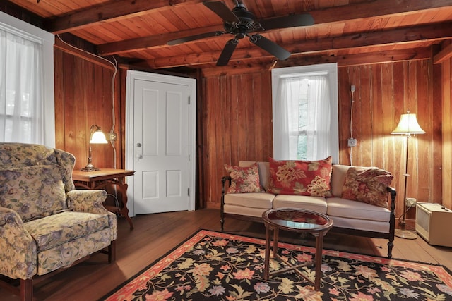 3381/2 16th St, Lancaster, OH 43130 - living room with wooden walls, wood ceiling with exposed beams, hardwood / wood-style floors, and ceiling fan