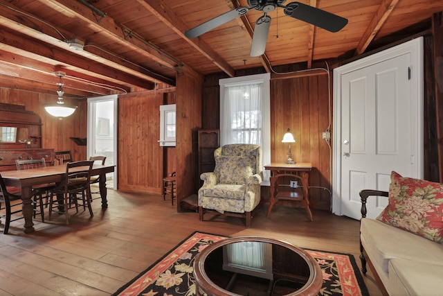 3381/2 16th St, Lancaster, OH 43130 - living area featuring a ceiling fan, wooden walls, hardwood / wood-style floors, and wood ceiling with exposed beams