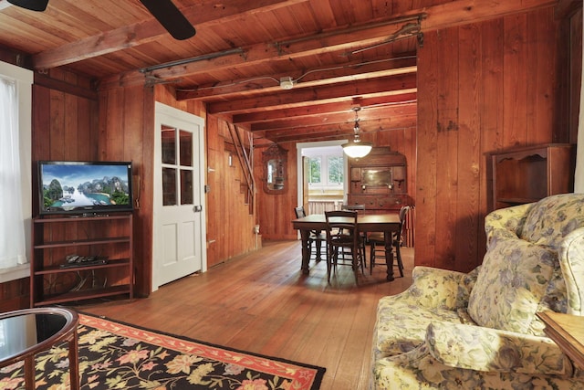 3381/2 16th St, Lancaster, OH 43130 - living room with hardwood / wood-style floors, wood ceiling with exposed beams, wood walls, and a ceiling fan