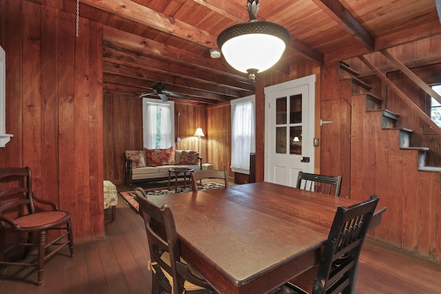 3381/2 16th St, Lancaster, OH 43130 - dining area featuring wood walls, hardwood / wood-style floors, wooden ceiling with exposed beams, and stairs