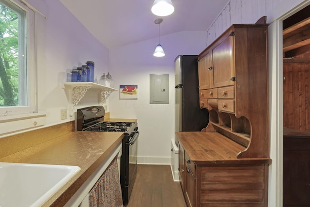 3381/2 16th St, Lancaster, OH 43130 - kitchen with black gas range oven, electric panel, lofted ceiling, dark wood-style floors, and baseboards
