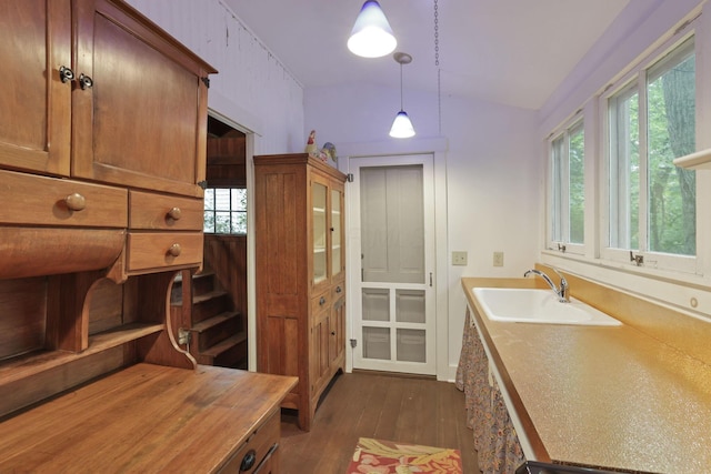3381/2 16th St, Lancaster, OH 43130 - bathroom featuring a sink, wood finished floors, and vaulted ceiling