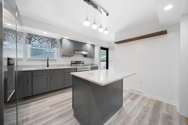 1345 Molly Ln, Columbus, OH 43207 - kitchen featuring electric range, decorative backsplash, gray cabinets, light stone counters, and healthy amount of natural light