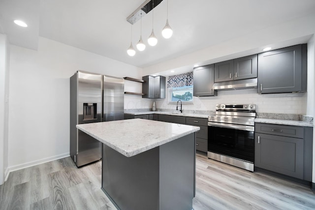 1345 Molly Ln, Columbus, OH 43207 - kitchen with stainless steel appliances, under cabinet range hood, open shelves, gray cabinets, and backsplash