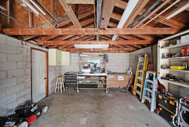 1345 Molly Ln, Columbus, OH 43207 - basement featuring a workshop area and concrete block wall