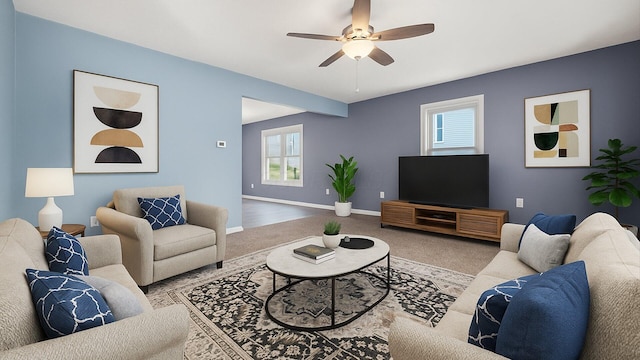 422 N Cedar St, Newark, OH 43055 - carpeted living area featuring plenty of natural light, ceiling fan, and baseboards