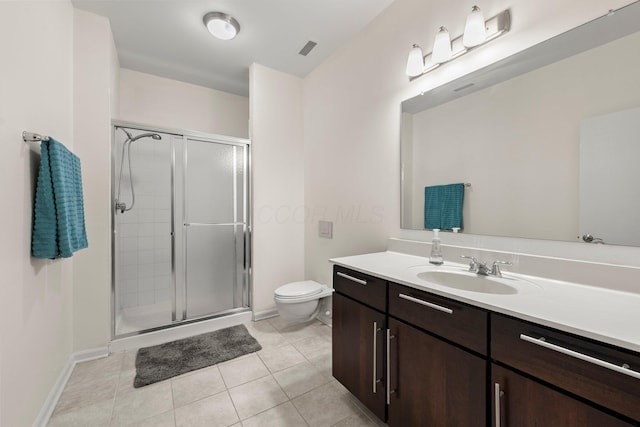 78 E Chestnut St Unit 107, Columbus, OH 43215 - bathroom with vanity, a stall shower, toilet, tile patterned floors, and baseboards