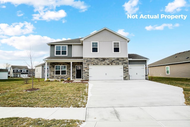1444 Chrisman Dr, Columbus, OH 43223 - craftsman-style home with concrete driveway, a front yard, stone siding, covered porch, and a garage