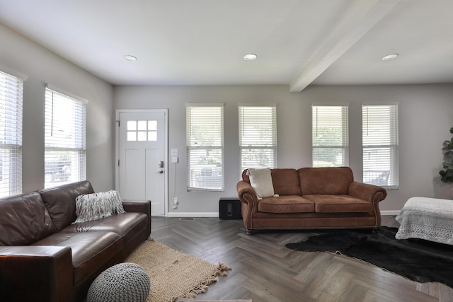 1208 Seymour Ave, Columbus, OH 43206 - living area featuring baseboards, beam ceiling, and recessed lighting