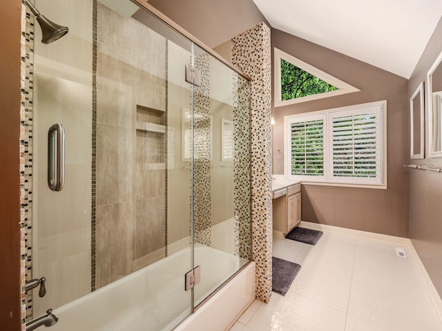 1488 Brittingham Ln, Powell, OH 43065 - full bath featuring enclosed tub / shower combo, vaulted ceiling, and tile patterned flooring