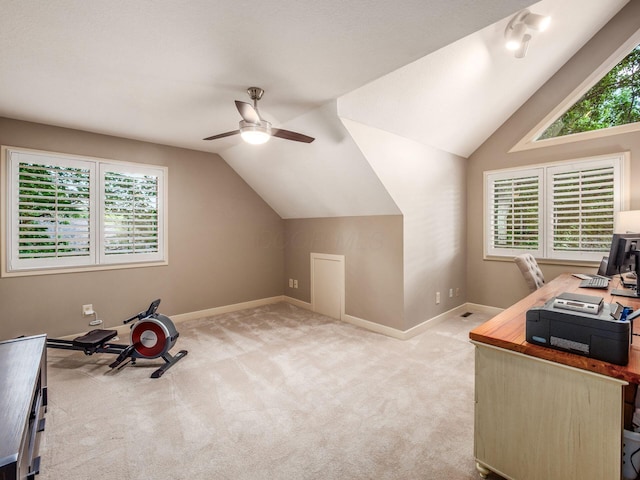 1488 Brittingham Ln, Powell, OH 43065 - unfurnished office with ceiling fan, lofted ceiling, and carpet