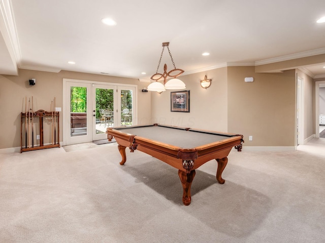 1488 Brittingham Ln, Powell, OH 43065 - playroom featuring light colored carpet, crown molding, recessed lighting, and billiards