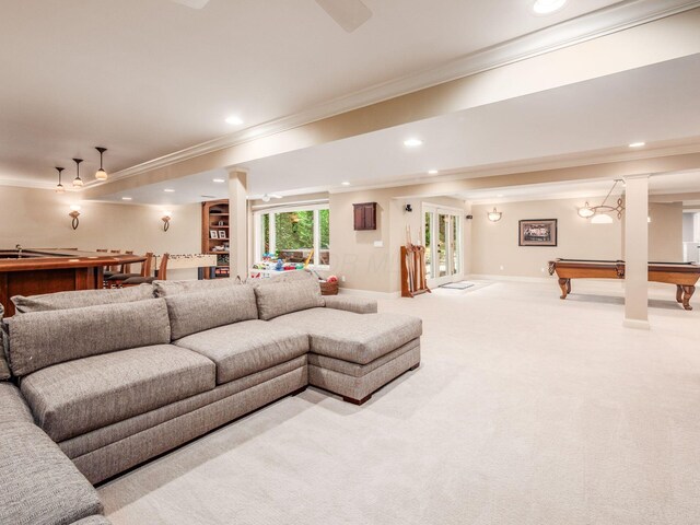 1488 Brittingham Ln, Powell, OH 43065 - carpeted living room with crown molding, billiards table, and recessed lighting