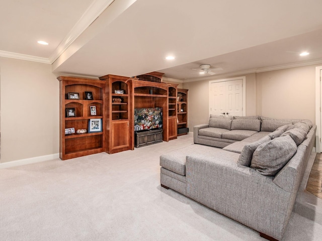 1488 Brittingham Ln, Powell, OH 43065 - living room featuring ornamental molding, ceiling fan, recessed lighting, and light carpet
