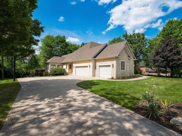 1488 Brittingham Ln, Powell, OH 43065 - view of front facade with an attached garage, driveway, a front lawn, stone siding, and roof with shingles