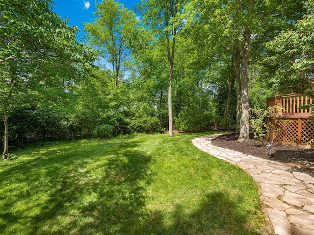 1488 Brittingham Ln, Powell, OH 43065 - view of grassy yard featuring a wooden deck and a forest view