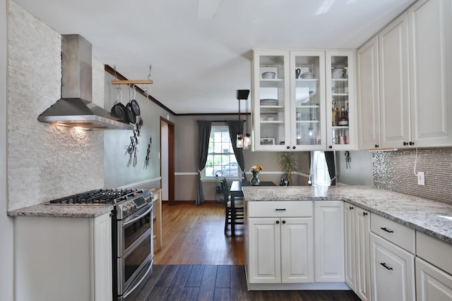 155 Aldrich Rd, Columbus, OH 43214 - kitchen with range with two ovens, wall chimney range hood, decorative backsplash, and dark wood-type flooring