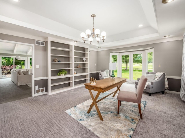 1360 Clubview Blvd S, Columbus, OH 43235 - carpeted office space featuring a chandelier, a tray ceiling, recessed lighting, and baseboards
