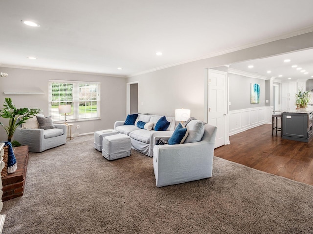 1360 Clubview Blvd S, Columbus, OH 43235 - living area featuring ornamental molding, recessed lighting, dark carpet, dark wood-style flooring, and wainscoting