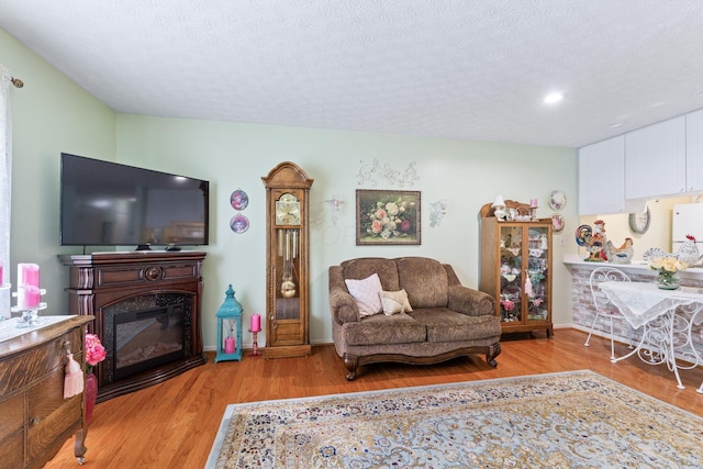 4714 Athalia Dr Unit 26B, Columbus, OH 43228 - living area with light wood-type flooring, a glass covered fireplace, a textured ceiling, and baseboards
