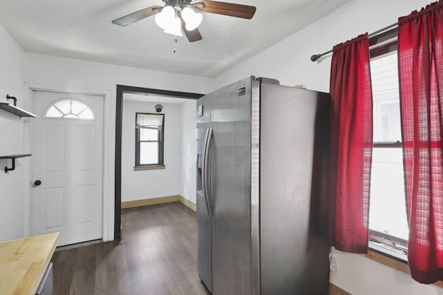 421 E Main St, Newark, OH 43055 - kitchen featuring stainless steel fridge, wood counters, a ceiling fan, dark wood-type flooring, and baseboards
