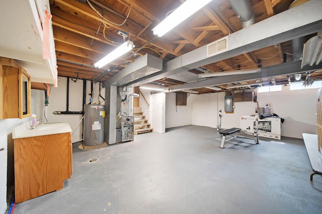 5770 Linworth Rd, Columbus, OH 43235 - below grade area with water heater, heating unit, electric panel, stairway, and a sink