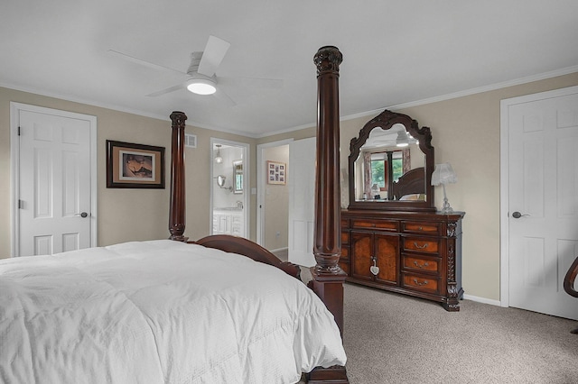 1059 Circle On The Grn, Columbus, OH 43235 - carpeted bedroom featuring crown molding, ensuite bathroom, and ceiling fan