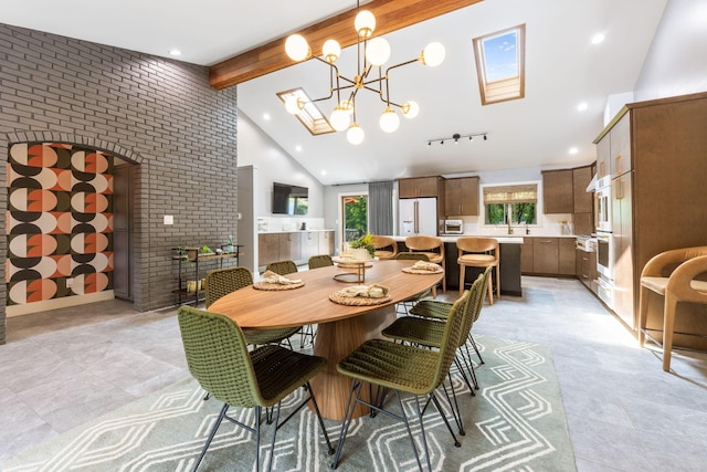 3515 Babbitt Rd, Blacklick, OH 43004 - dining room featuring high vaulted ceiling, beam ceiling, a chandelier, recessed lighting, and light tile patterned floors