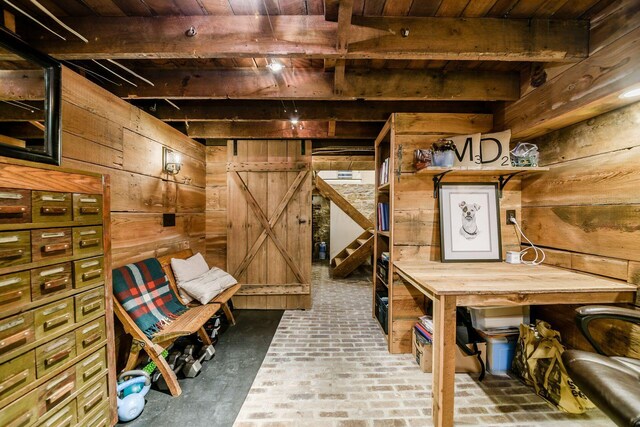 584 Franklin Ave, Columbus, OH 43215 - below grade area featuring wood walls, wood ceiling, and brick floors