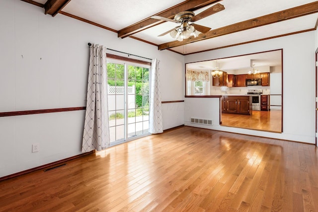 13582 Capetown Ave, Pickerington, OH 43147 - unfurnished living room with beamed ceiling, light wood finished floors, a chandelier, and a ceiling fan