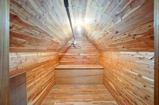 443 Binns Blvd, Columbus, OH 43204 - relaxing sauna / steam room featuring wood walls, wooden ceiling, and hardwood / wood-style floors