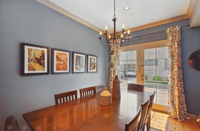791 York St W, Mansfield, OH 44904 - dining space with crown molding, a chandelier, french doors, wood finished floors, and recessed lighting