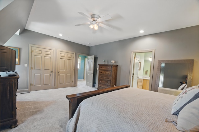 791 York St W, Mansfield, OH 44904 - bedroom with carpet floors, recessed lighting, baseboards, connected bathroom, and ceiling fan
