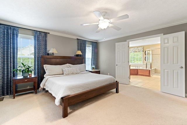 345 Quarter Way, Delaware, OH 43015 - bedroom featuring light colored carpet, ornamental molding, multiple windows, ensuite bathroom, and ceiling fan