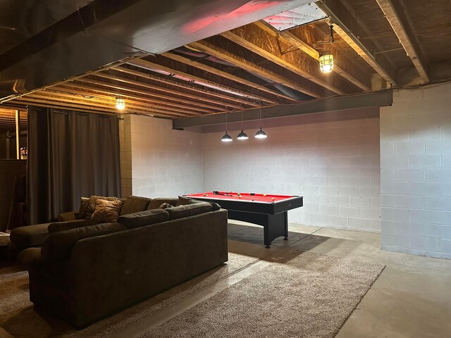 345 Quarter Way, Delaware, OH 43015 - rec room featuring concrete flooring, pool table, and concrete block wall