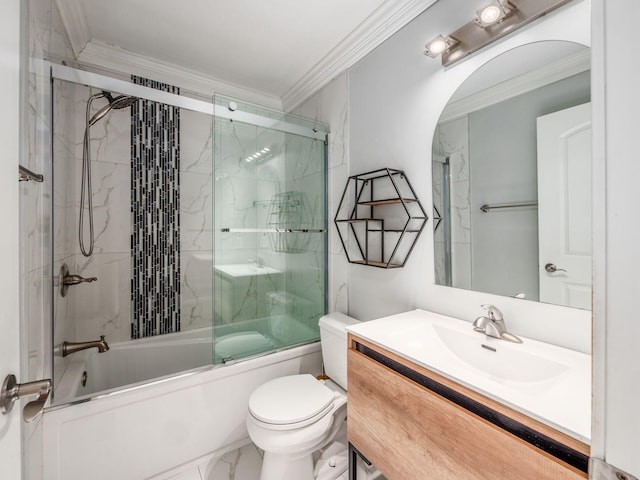 2073 Jeffey Dr, Hilliard, OH 43026 - full bath with crown molding, toilet, shower / bath combination with glass door, vanity, and marble finish floors