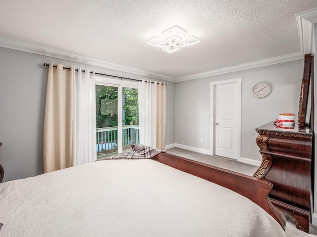 2073 Jeffey Dr, Hilliard, OH 43026 - bedroom featuring ornamental molding, carpet floors, access to exterior, baseboards, and a textured ceiling